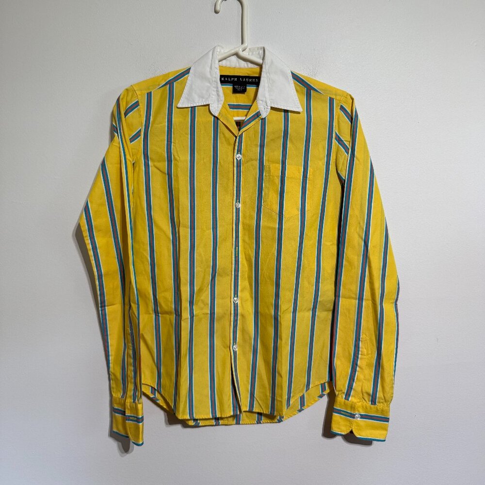 Ralph Lauren Yellow with Blue Pinstripe White Collared Button Up Shirt, size 2